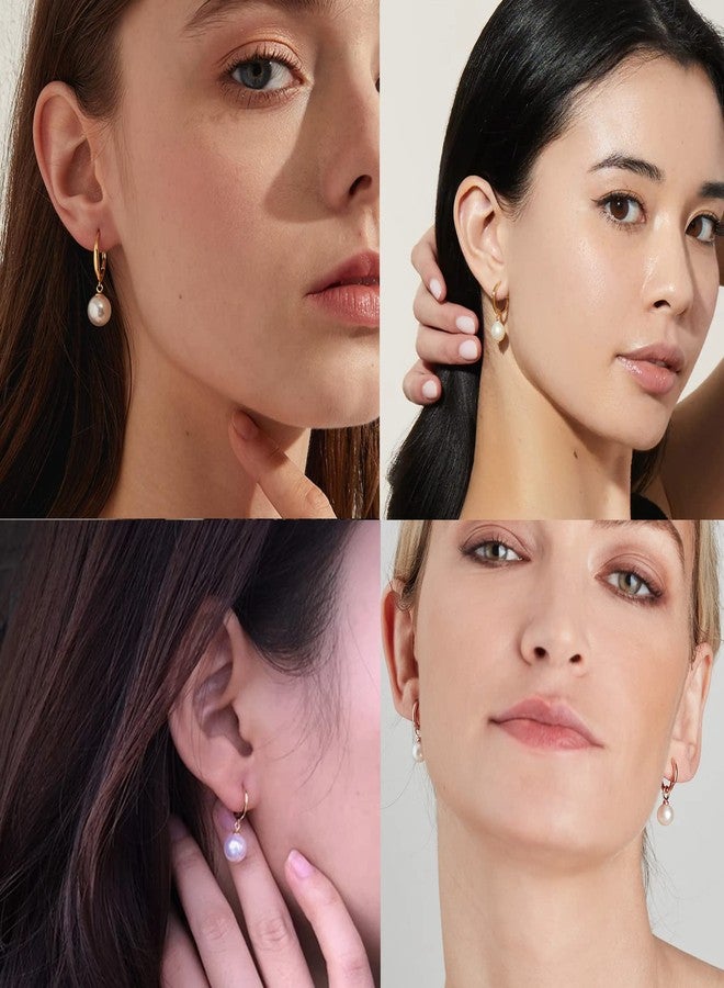 EPIRORA Sterling Silver Simulated Shell Pearl Hoop Earrings Dangle Drop Earrings Jewelry for Women 10mm, Gold (Round) - Image 3